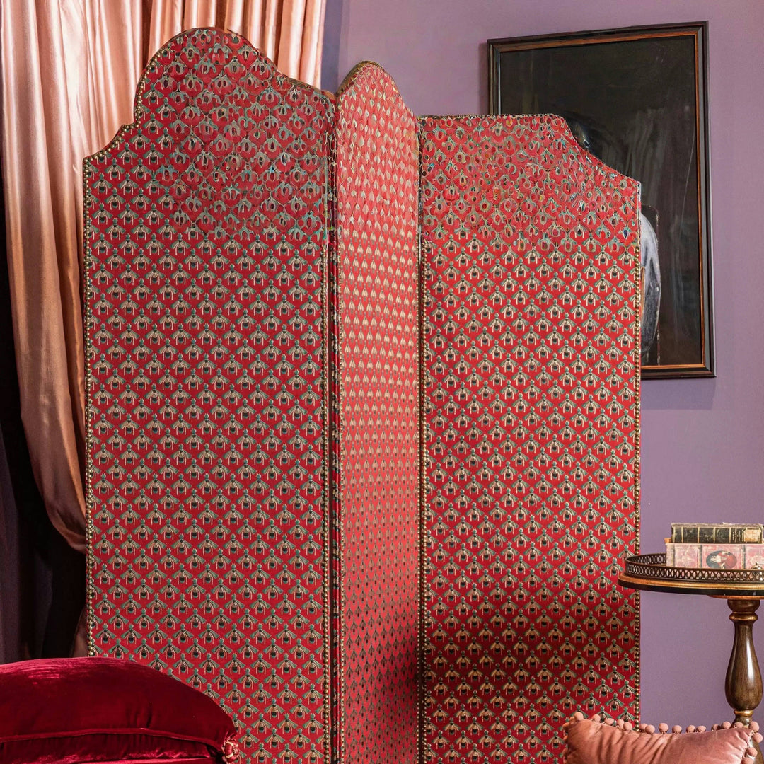 Vintage Retro Deco Room Divider – Handmade 3-Panel Folding Screen with Red Animal Print and Carved Wood Frame