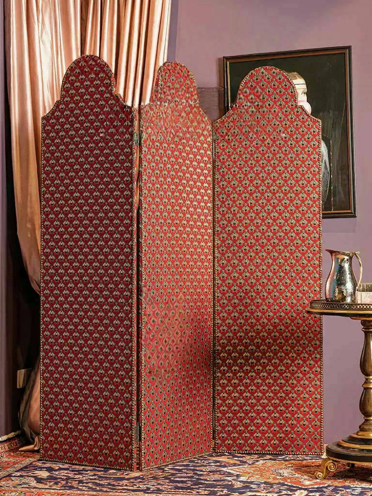 Vintage Retro Deco Room Divider – Handmade 3-Panel Folding Screen with Red Animal Print and Carved Wood Frame