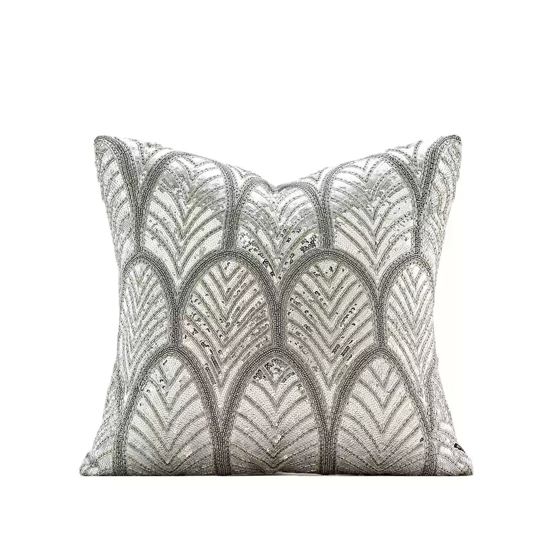 “Midnight Palms” Beaded Art Deco Cushion – Handmade Sequin Silver Pillow with Vintage Glam Elegance