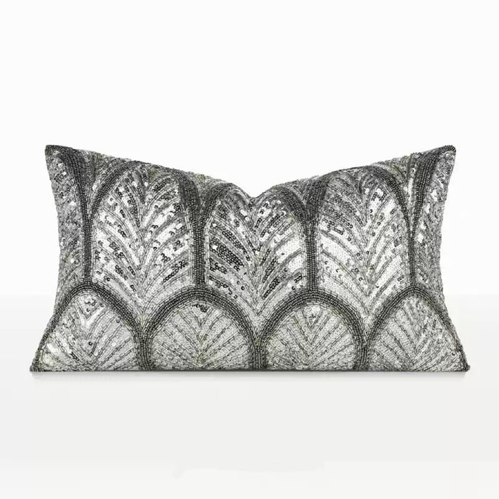 “Midnight Palms” Beaded Art Deco Cushion – Handmade Sequin Silver Pillow with Vintage Glam Elegance