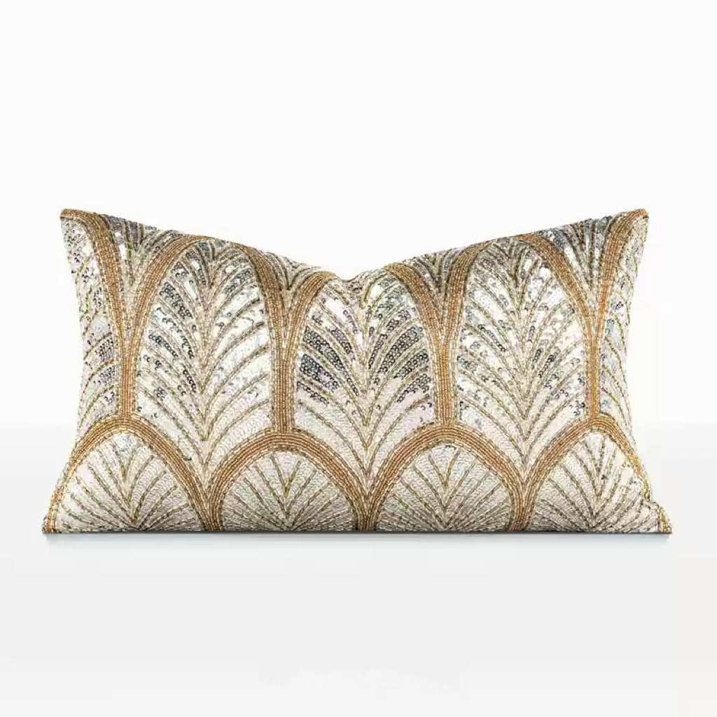 “Midnight Palms” Beaded Art Deco Cushion – Handmade Sequin Silver Pillow with Vintage Glam Elegance
