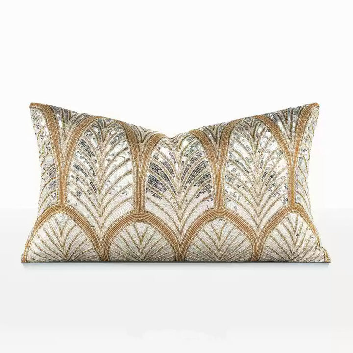 “Midnight Palms” Beaded Art Deco Cushion – Handmade Sequin Silver Pillow with Vintage Glam Elegance