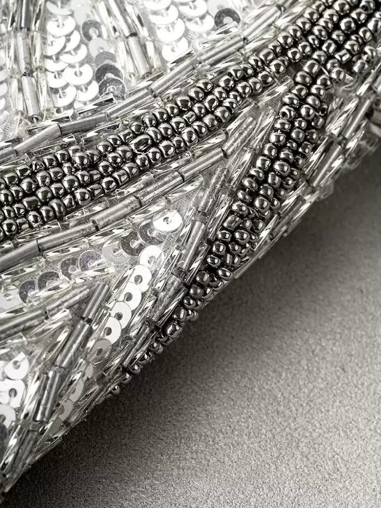 “Midnight Palms” Beaded Art Deco Cushion – Handmade Sequin Silver Pillow with Vintage Glam Elegance