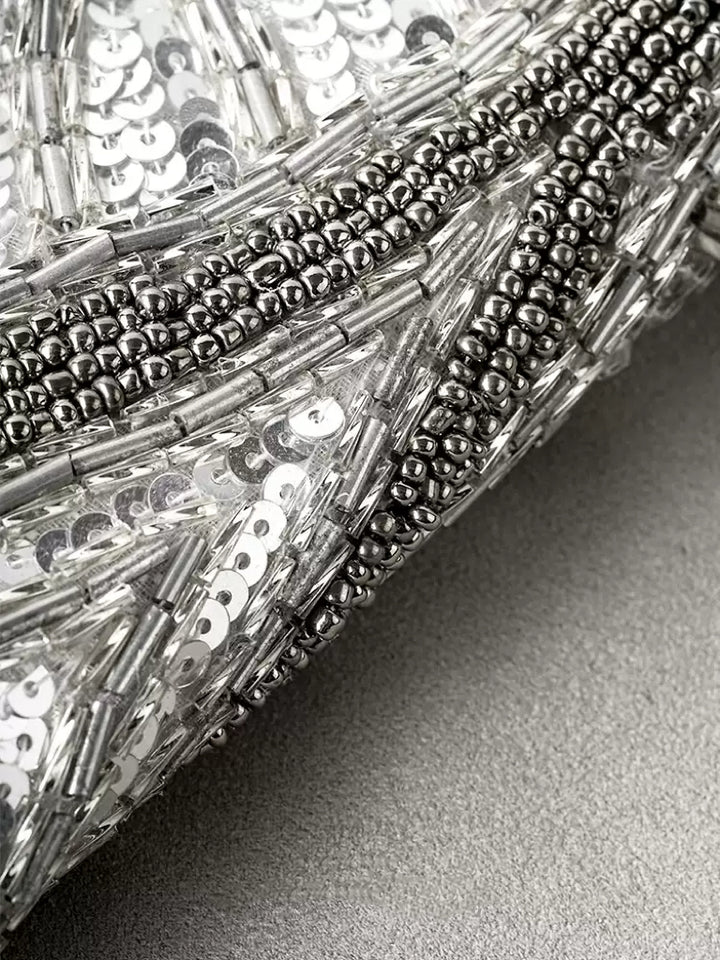 “Midnight Palms” Beaded Art Deco Cushion – Handmade Sequin Silver Pillow with Vintage Glam Elegance