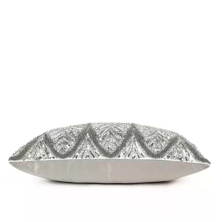 “Midnight Palms” Beaded Art Deco Cushion – Handmade Sequin Silver Pillow with Vintage Glam Elegance
