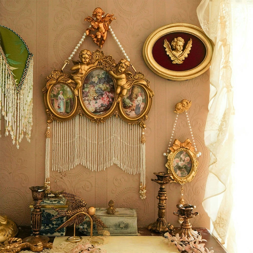 Vintage Retro Hand-Craft Cherub Wall Frame – Handmade Resin Picture Frame with Baroque Angels and Beaded Fringe