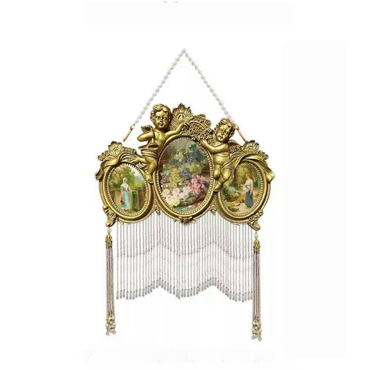 Vintage Retro Hand-Craft Cherub Wall Frame – Handmade Resin Picture Frame with Baroque Angels and Beaded Fringe
