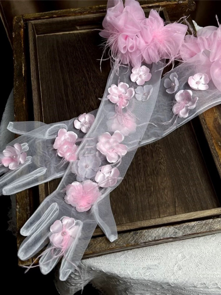 Whimsical Pink Floral Bridal Gloves - Tulle Evening Gloves with Blossom Accents