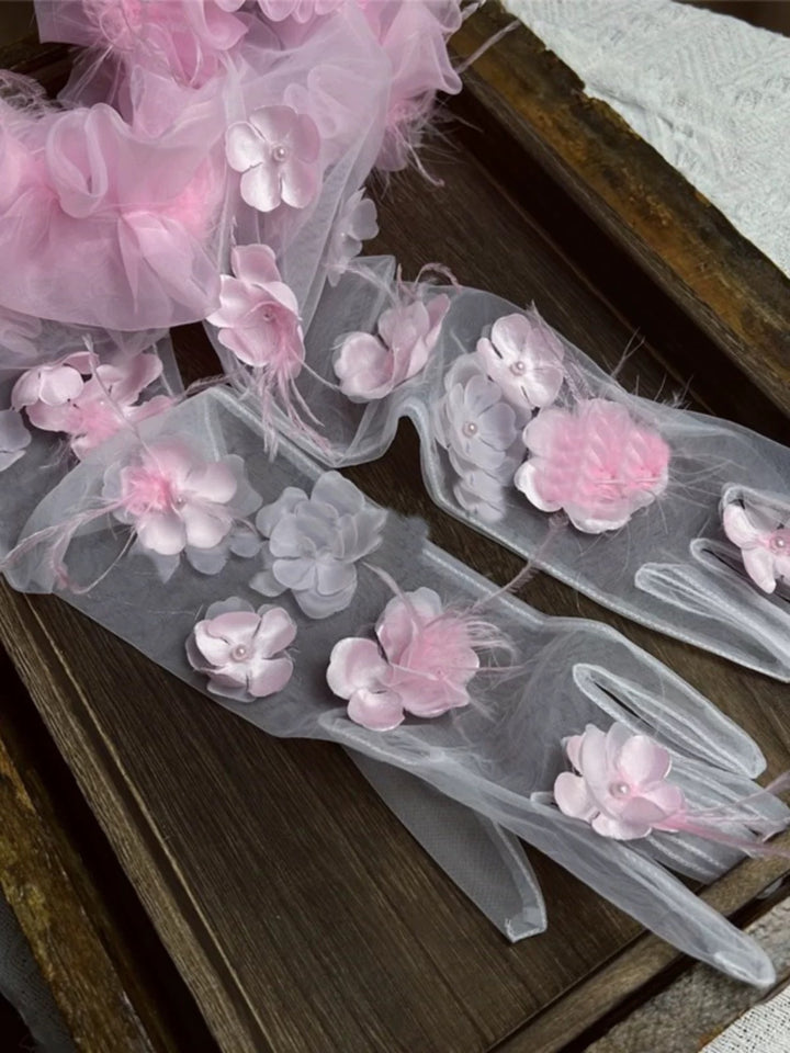 Whimsical Pink Floral Bridal Gloves - Tulle Evening Gloves with Blossom Accents