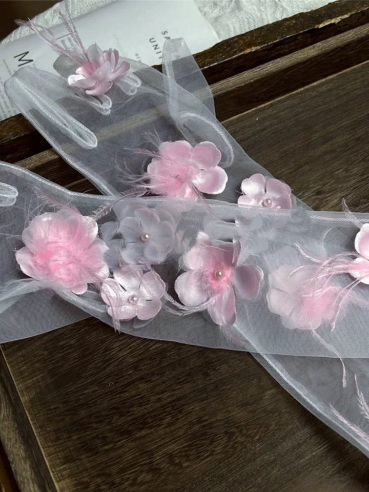 Whimsical Pink Floral Bridal Gloves - Tulle Evening Gloves with Blossom Accents