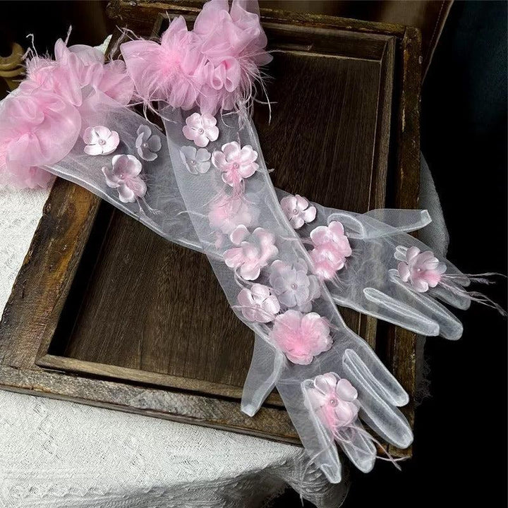 Whimsical Pink Floral Bridal Gloves - Tulle Evening Gloves with Blossom Accents