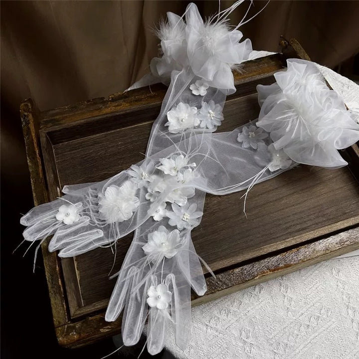 Elegant White Floral Bridal Gloves - Delicate Wedding Gloves with Tulle and Blossoms