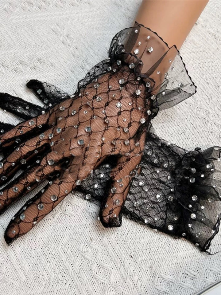 Gothic Black Lace Evening Gloves with Crystal Embellishments