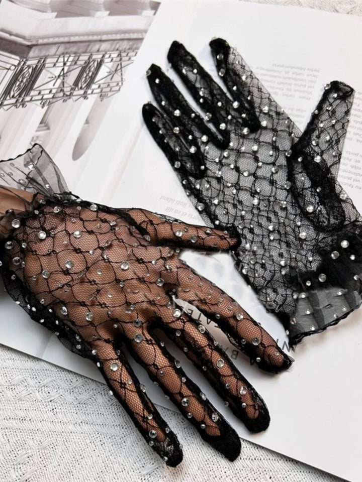 Gothic Black Lace Evening Gloves with Crystal Embellishments