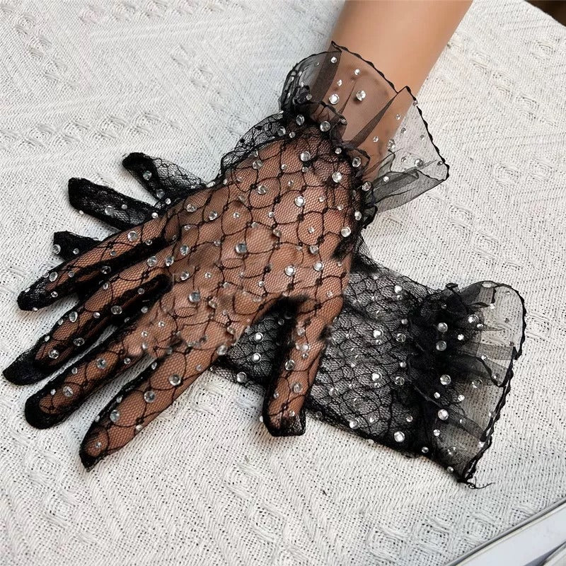 Gothic Black Lace Evening Gloves with Crystal Embellishments