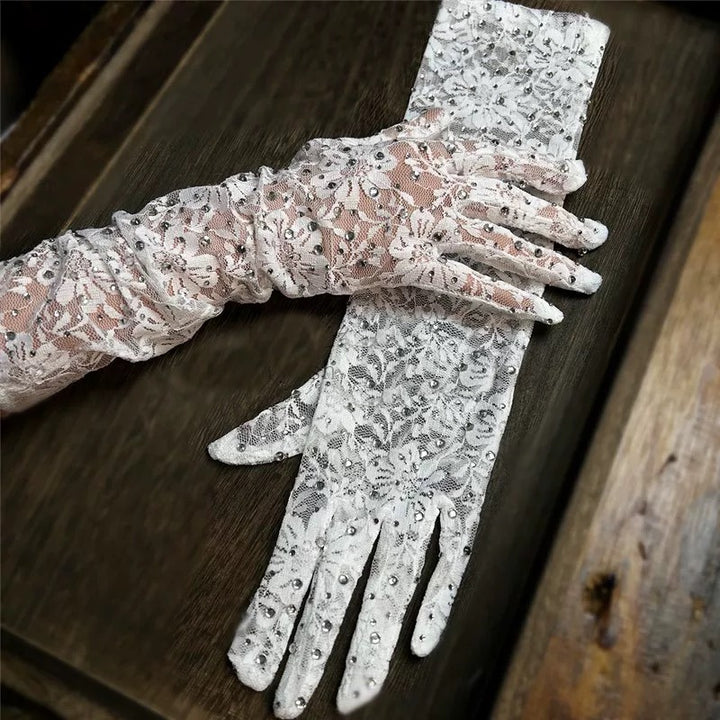 Vintage-Inspired Lace Bridal Gloves with Floral Pattern - Elegant Wedding Gloves