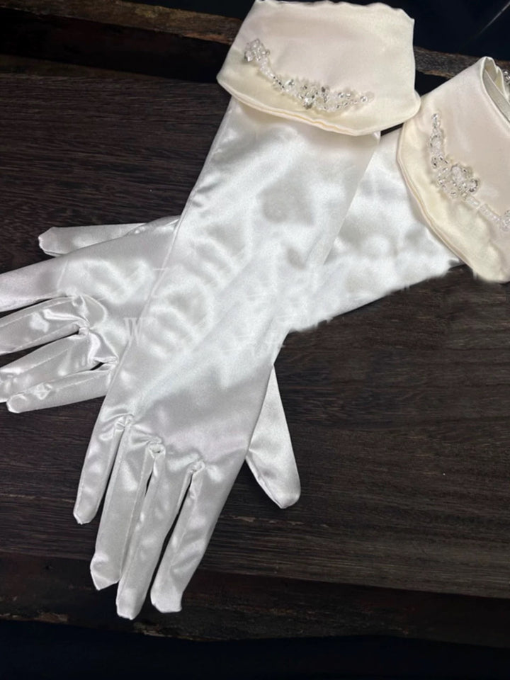 Elegant Satin Bridal Gloves with Beaded Accents - Classic Wedding Gloves