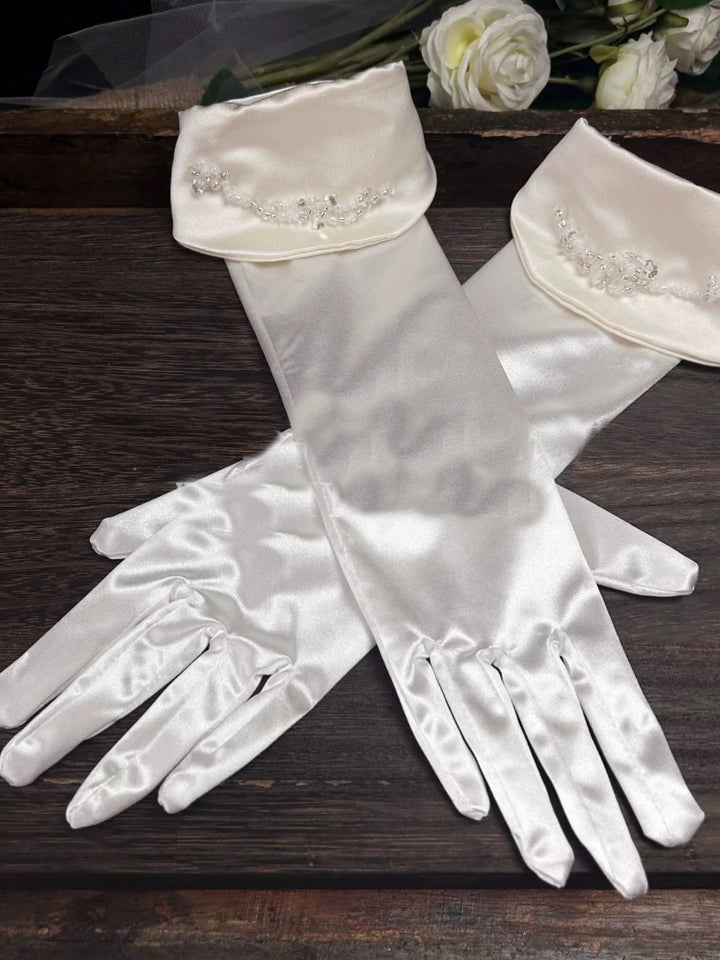 Elegant Satin Bridal Gloves with Beaded Accents - Classic Wedding Gloves