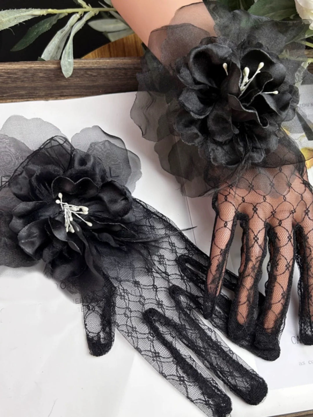 Gothic Black Lace Evening Gloves with Floral Accents