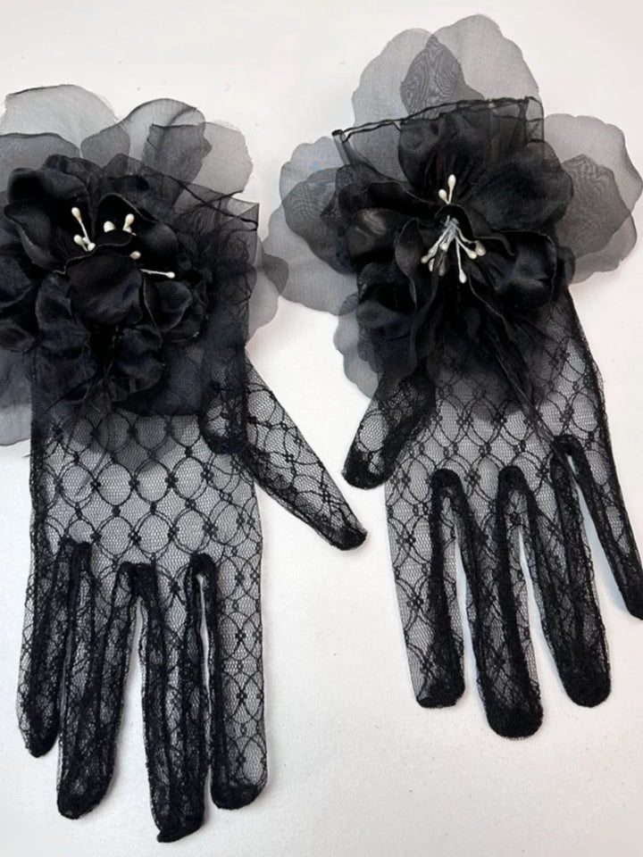 Gothic Black Lace Evening Gloves with Floral Accents