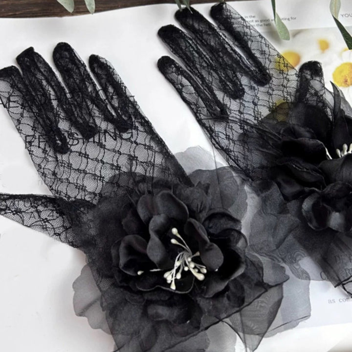 Gothic Black Lace Evening Gloves with Floral Accents