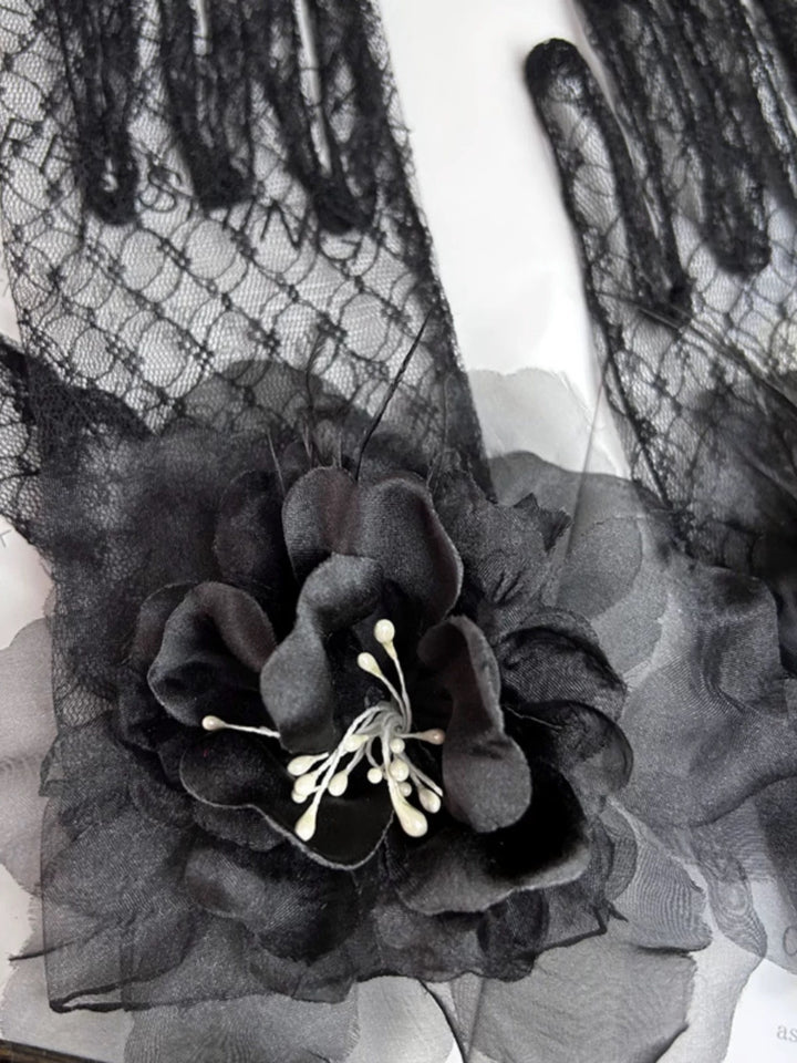 Gothic Black Lace Evening Gloves with Floral Accents