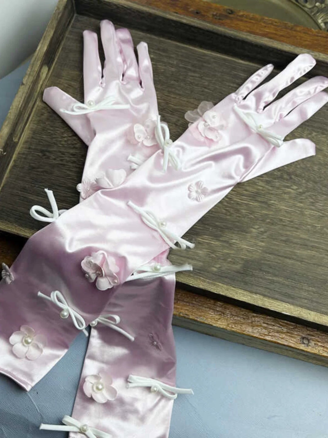 Satin Bridal Gloves with Floral Appliqués - Evening Gloves with Ribbon Ties