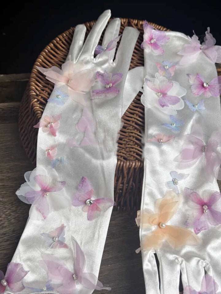 Floral-Embellished Bridal Gloves - White Wedding Gloves with Pastel Accents