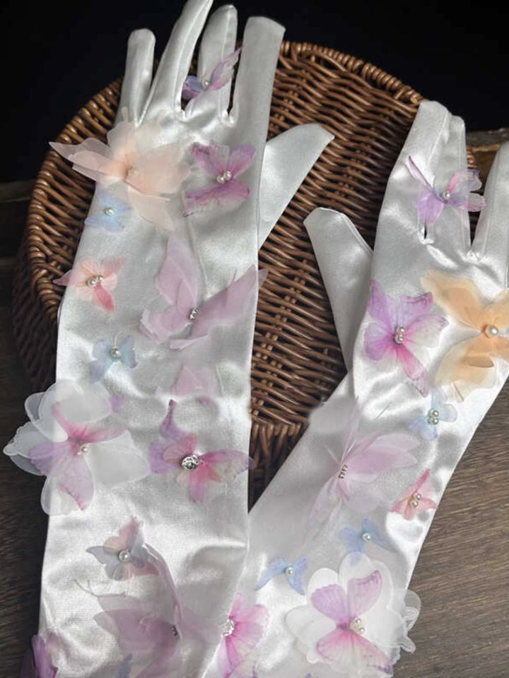 Floral-Embellished Bridal Gloves - White Wedding Gloves with Pastel Accents