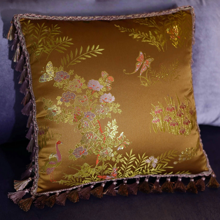 Golden Tassel Embroidered Throw Pillow – Handmade Luxury Satin Cushion with Fringe Trim