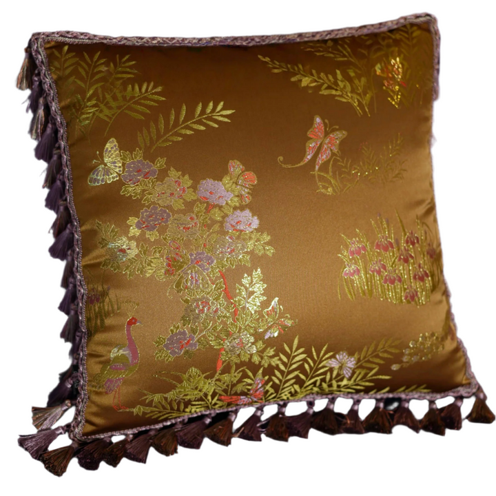 Golden Tassel Embroidered Throw Pillow – Handmade Luxury Satin Cushion with Fringe Trim