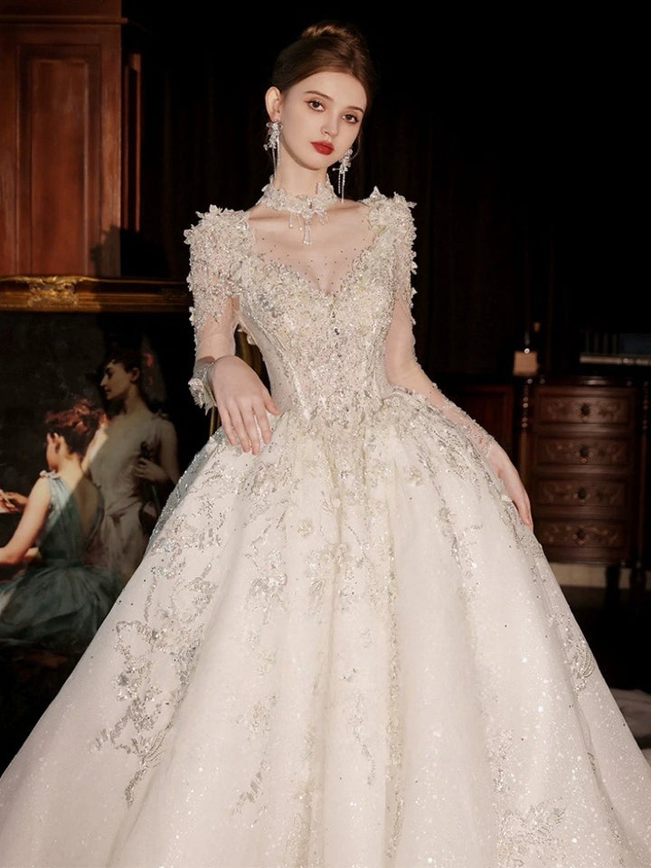 Floral Embroidered Wedding Dress with Long Sleeves – Glitter Wedding Dress with Cathedral Train and Illusion Bodice Plus Size
