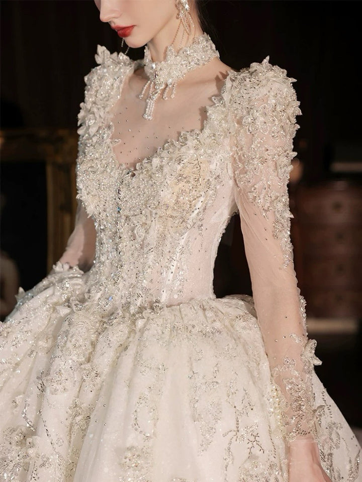 Floral Embroidered Wedding Dress with Long Sleeves – Glitter Wedding Dress with Cathedral Train and Illusion Bodice Plus Size