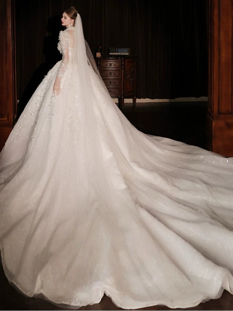 Floral Embroidered Wedding Dress with Long Sleeves – Glitter Wedding Dress with Cathedral Train and Illusion Bodice Plus Size