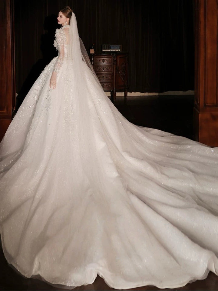 Floral Embroidered Wedding Dress with Long Sleeves – Glitter Wedding Dress with Cathedral Train and Illusion Bodice Plus Size