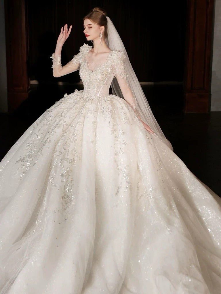 Floral Embroidered Wedding Dress with Long Sleeves – Glitter Wedding Dress with Cathedral Train and Illusion Bodice Plus Size