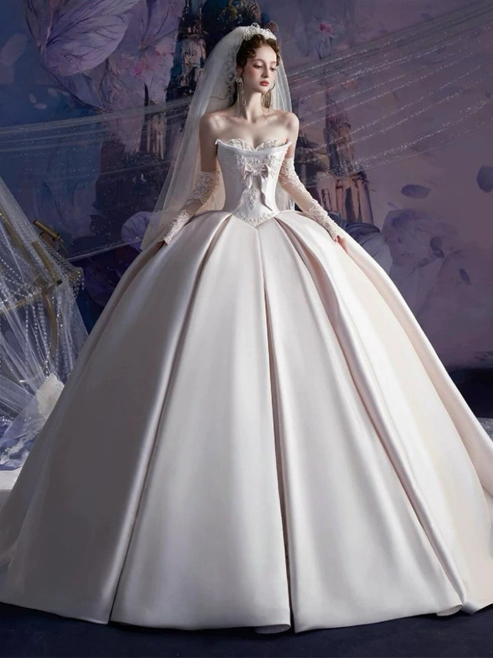 Ivory Simple Satin Wedding Dress with Corset Bodice - Strapless Wedding Ball Gown with Bow and Lace Plus Size