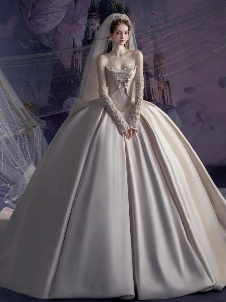 Ivory Simple Satin Wedding Dress with Corset Bodice - Strapless Wedding Ball Gown with Bow and Lace Plus Size