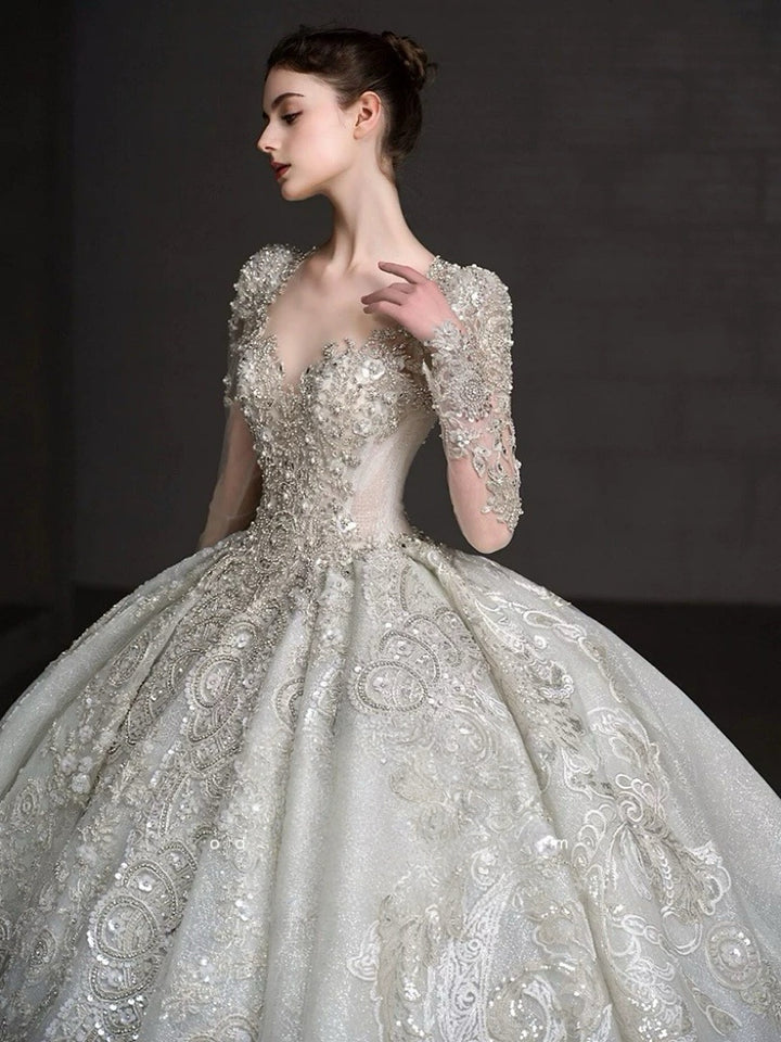 Long Sleeve Wedding Dress with Embellished – Sparkly Wedding Dress Ball Gown with Cathedral Train and Open Back Plus Size