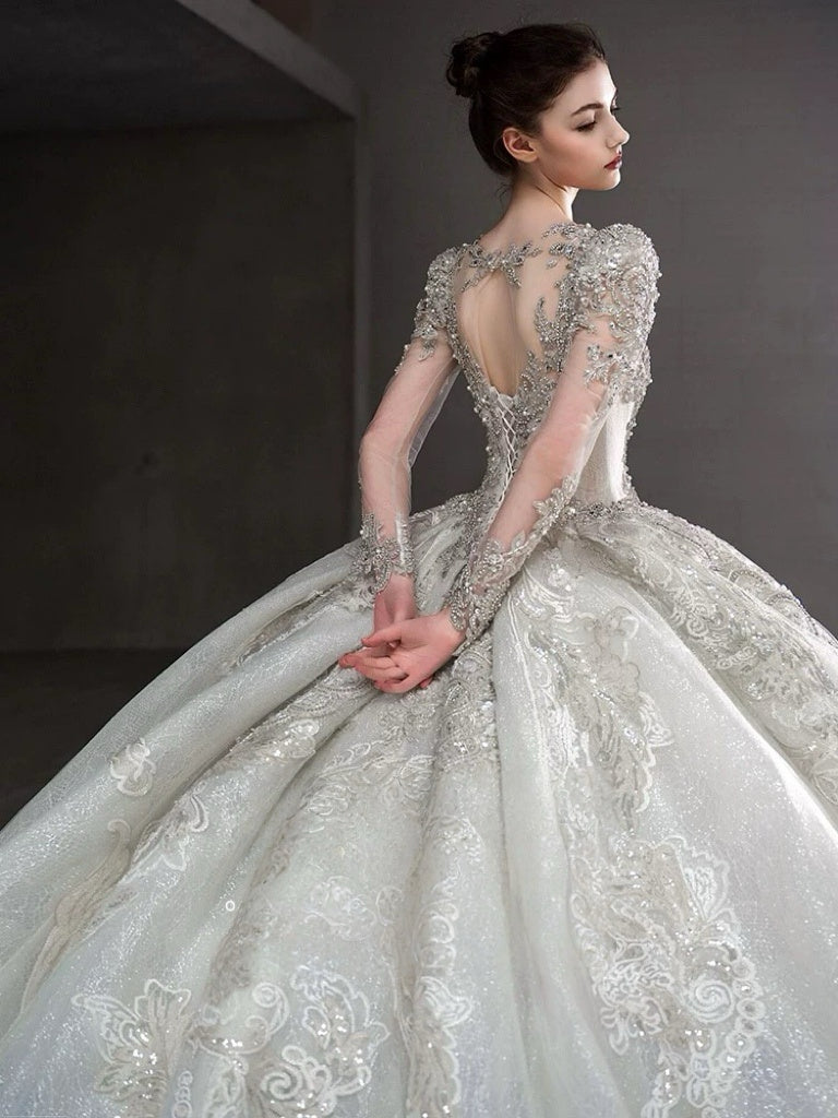 Long Sleeve Wedding Dress with Embellished – Sparkly Wedding Dress Ball Gown with Cathedral Train and Open Back Plus Size