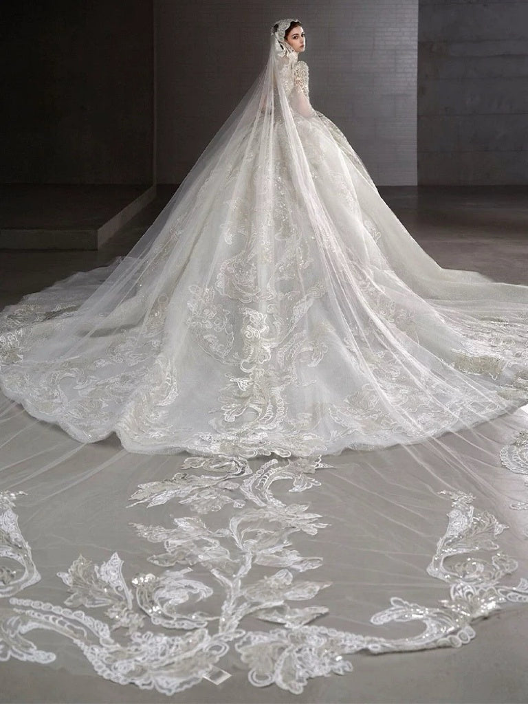 Long Sleeve Wedding Dress with Embellished – Sparkly Wedding Dress Ball Gown with Cathedral Train and Open Back Plus Size