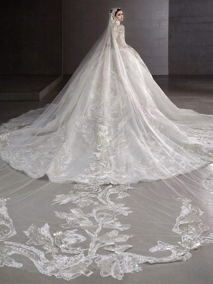 Long Sleeve Wedding Dress with Embellished – Sparkly Wedding Dress Ball Gown with Cathedral Train and Open Back Plus Size