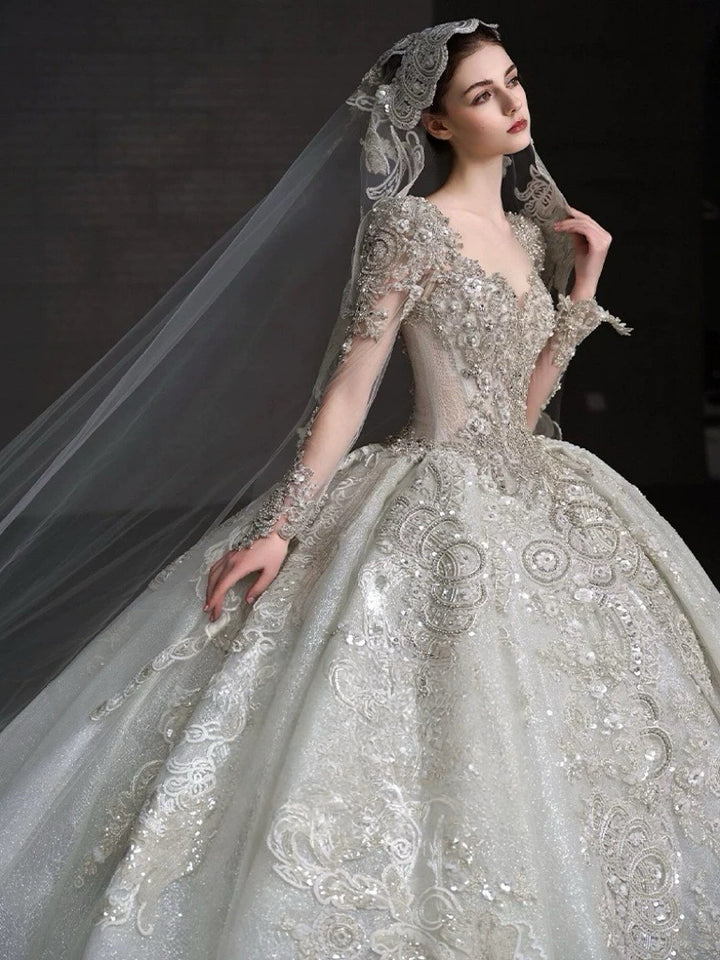 Long Sleeve Wedding Dress with Embellished – Sparkly Wedding Dress Ball Gown with Cathedral Train and Open Back Plus Size
