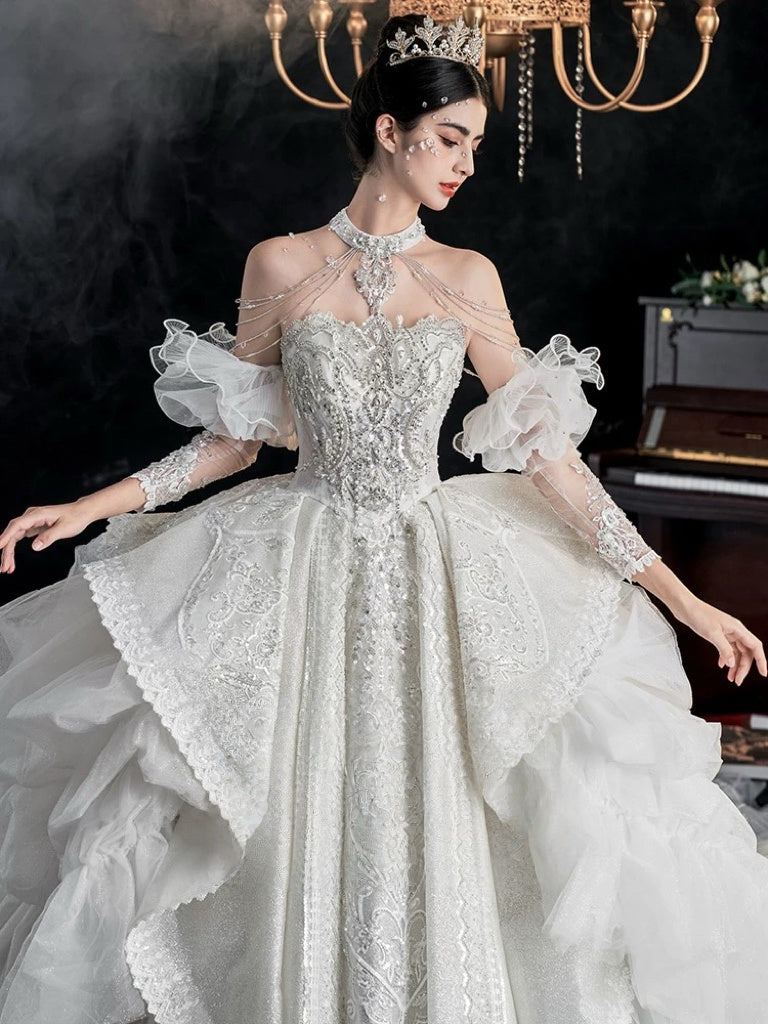Silver Fairy Princess Wedding Dress with Puffy Sleeves - Corset Wedding Dress with Long Train and Lace Plus Size