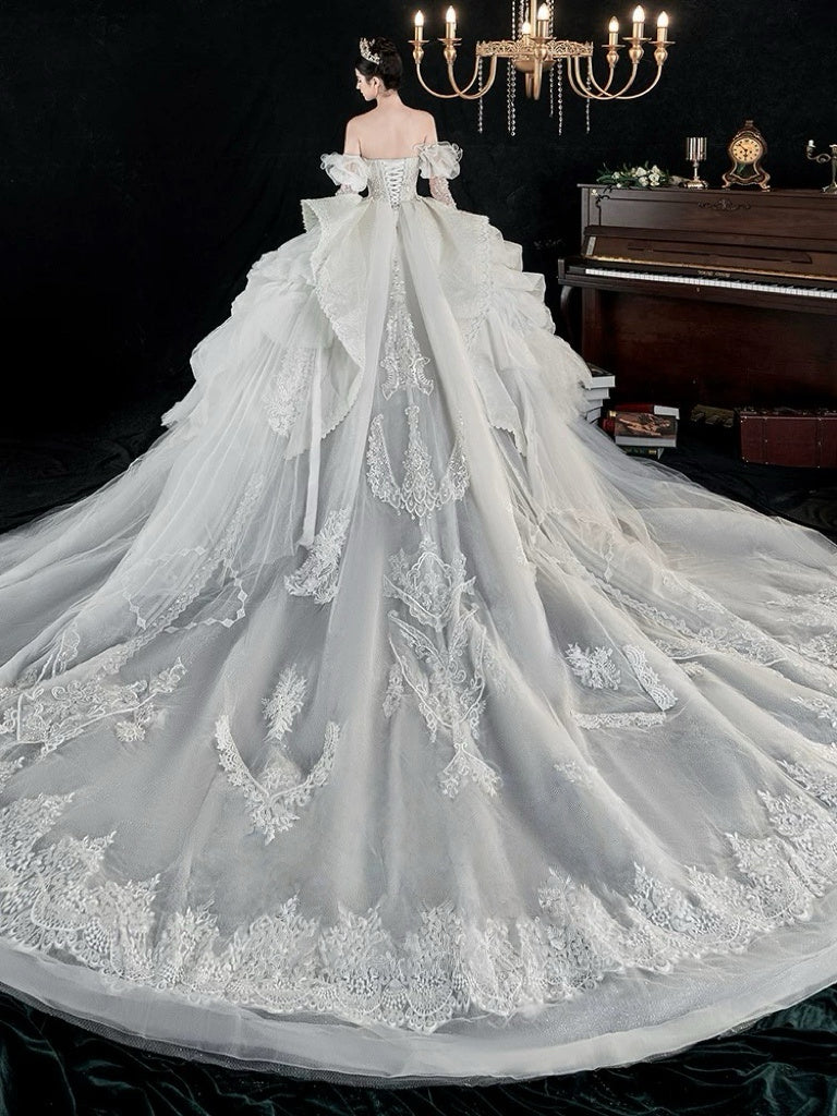 Silver Fairy Princess Wedding Dress with Puffy Sleeves - Corset Wedding Dress with Long Train and Lace Plus Size Size 20W / Silver Silver Fairy Princess Wedding Dress with Puffy Sleeves - Corset Wedding Dress with Long Train and Lace Plus Size Size 20W / Silver