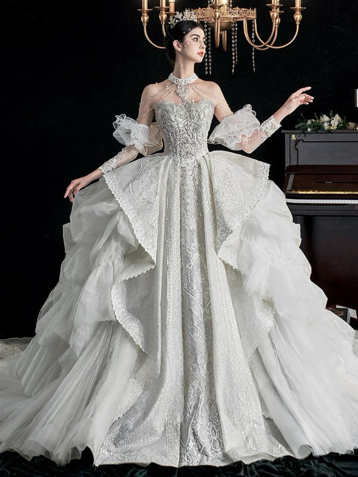 Silver Fairy Princess Wedding Dress with Puffy Sleeves - Corset Wedding Dress with Long Train and Lace Plus Size