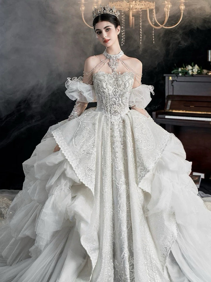 Silver Fairy Princess Wedding Dress with Puffy Sleeves - Corset Wedding Dress with Long Train and Lace Plus Size