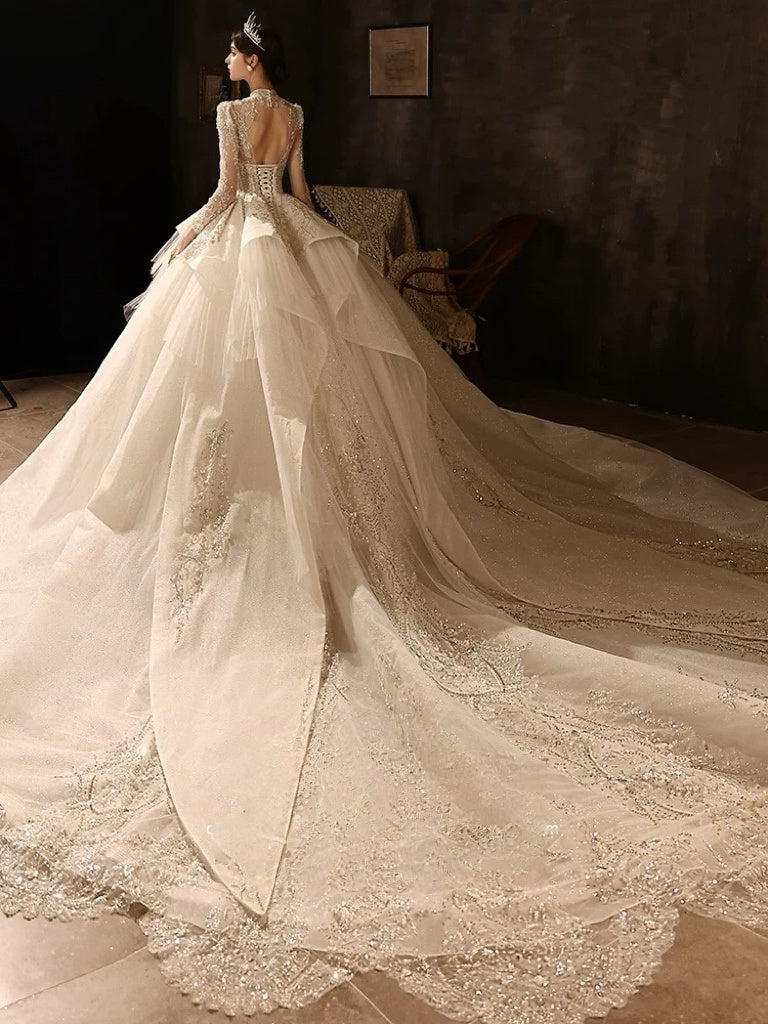 Sequin Wedding Dress - Embellished Wedding Dress with Long Sleeves – Sparkly Wedding Dress with Train and Open Back Plus Size