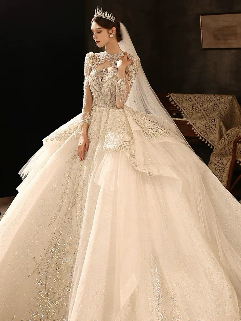 Sequin Wedding Dress - Embellished Wedding Dress with Long Sleeves – Sparkly Wedding Dress with Train and Open Back Plus Size