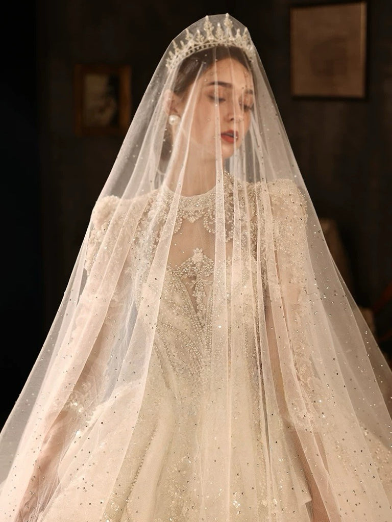 Sequin Wedding Dress - Embellished Wedding Dress with Long Sleeves – Sparkly Wedding Dress with Train and Open Back Plus Size